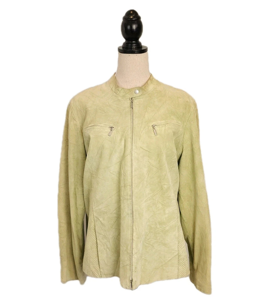 Olsen Cafe Racer Sz L Geniune Leather Biker Jacket Moss Green Full Zip