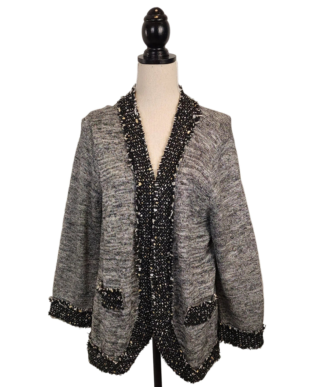 PETER NYGARD XL Gray Textured Overcoat with Black & White Boucle Trim
