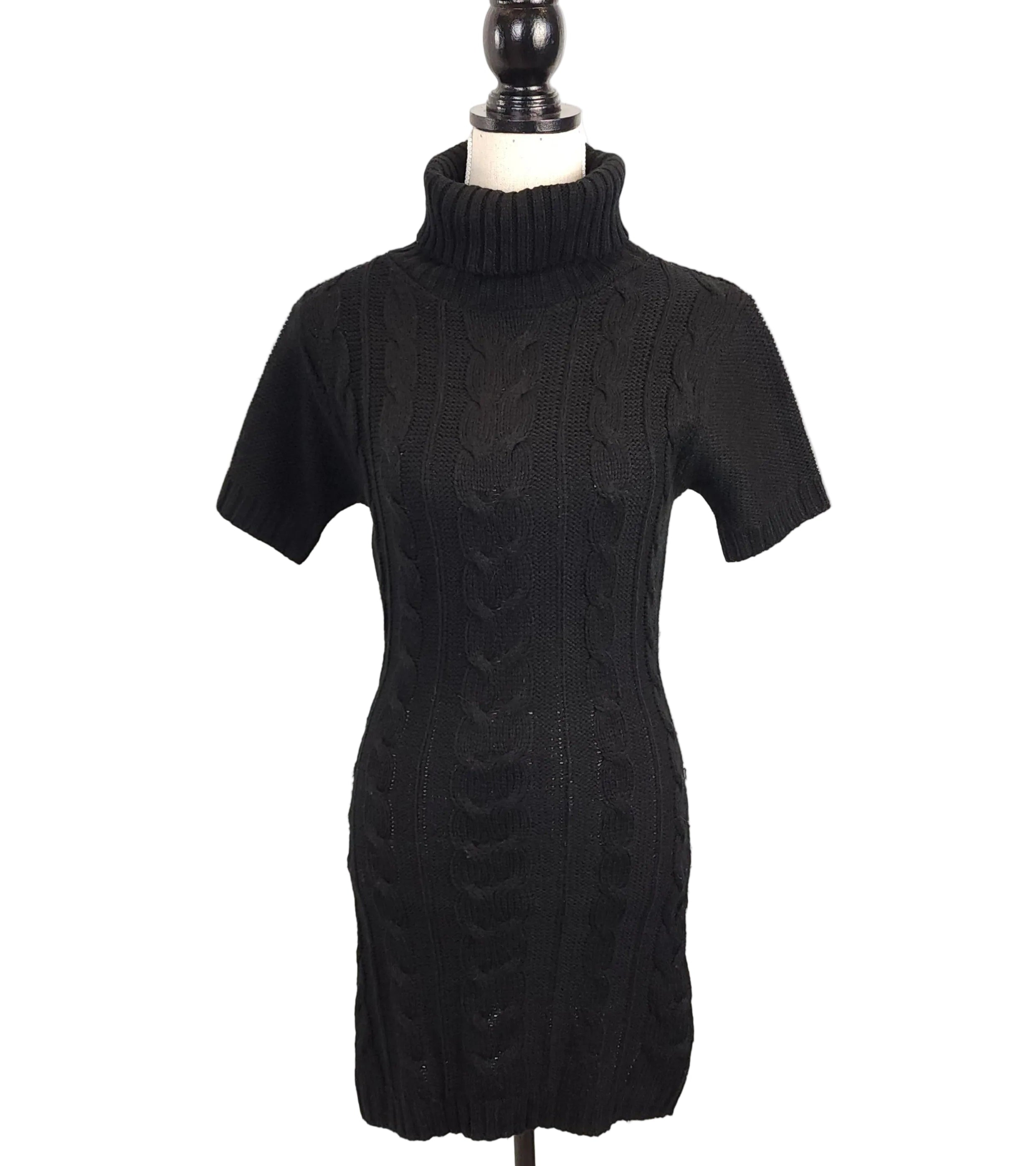 SEDUCTIONS Black Cableknit Sweater Dress Sz Medium Turtleneck Jet Black