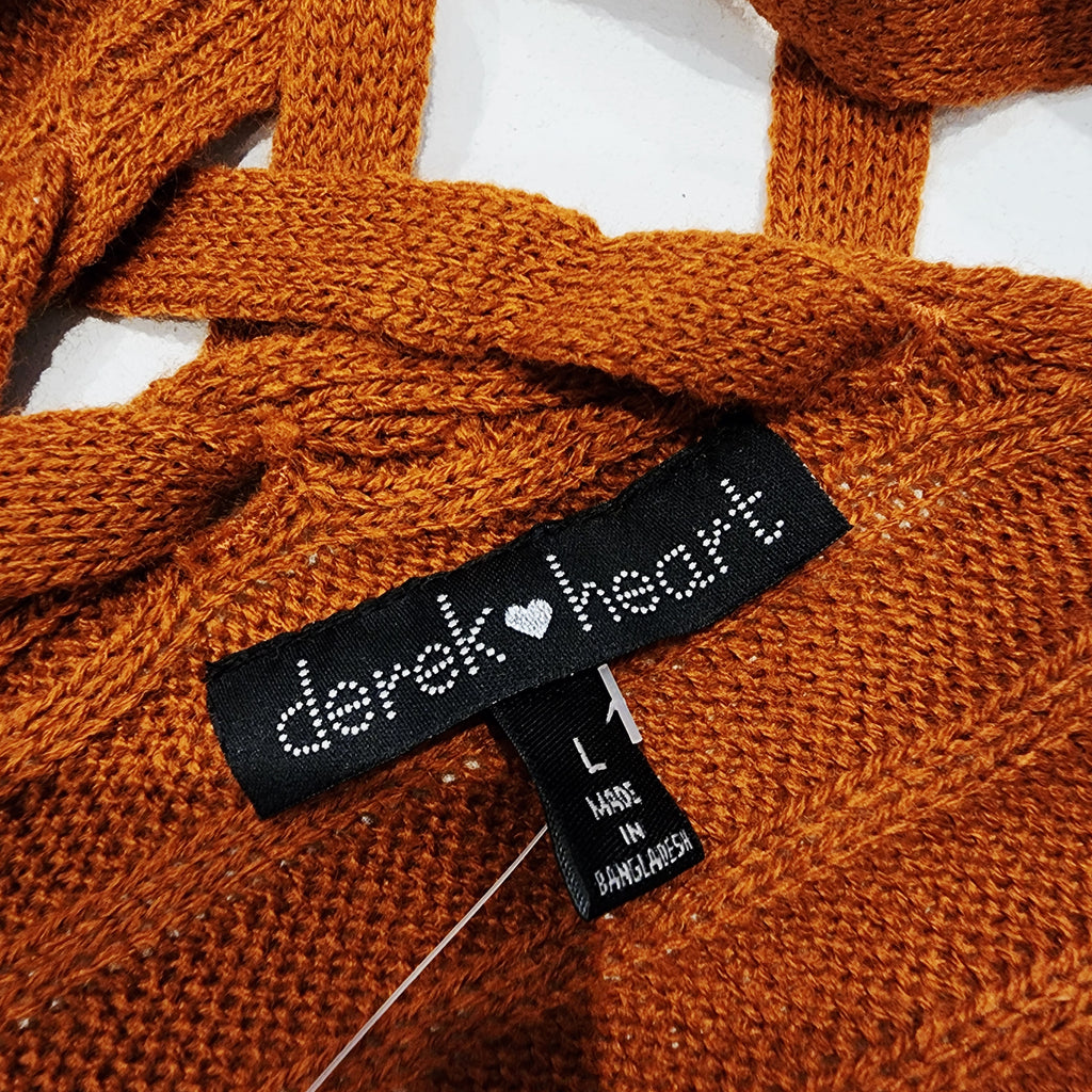 Y2K Derek Heart Brown Ribbed Knit Cardigan Sz Large Braided Back Detail