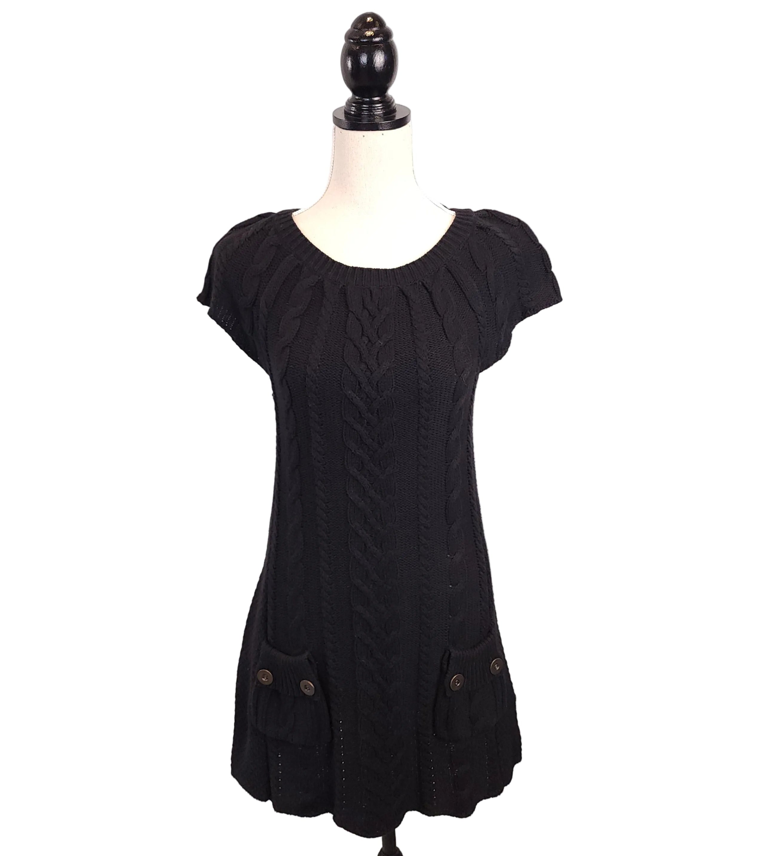 Y2K Cable Knit Black Sz S Sweater Dress Cap Sleeve