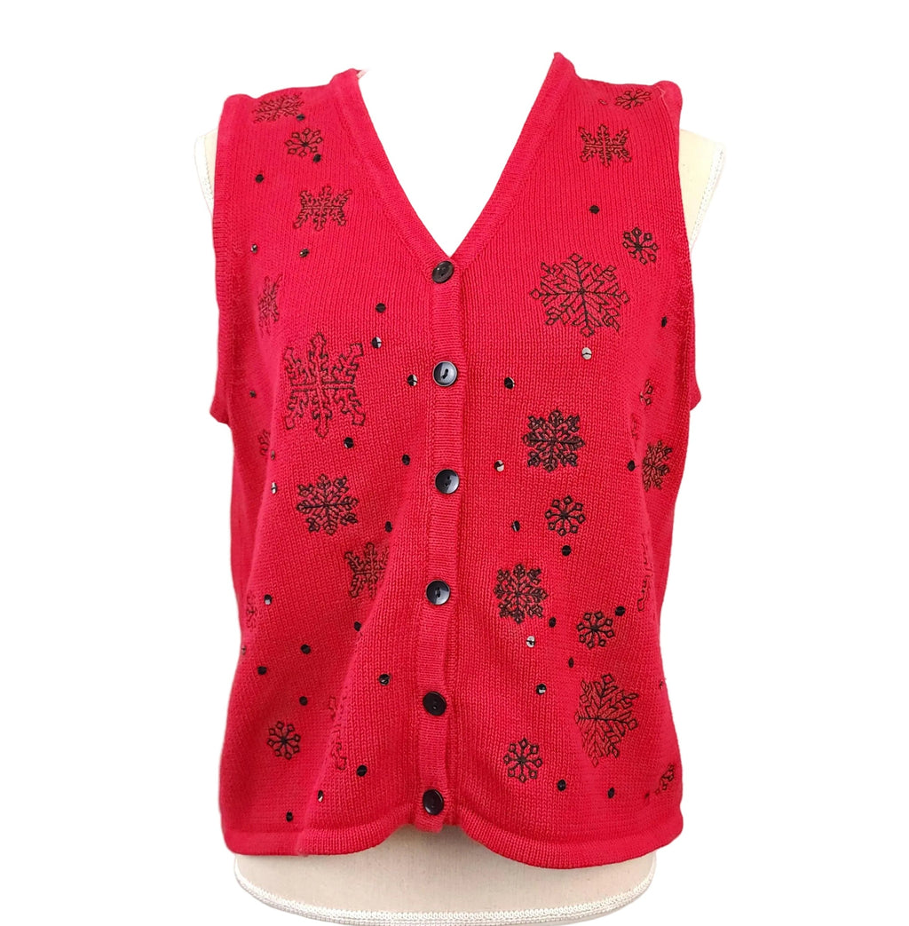 Vintage 90's Embellished Cotton Red Sweater Vest Sz Medium w/ Snowflake Pattern