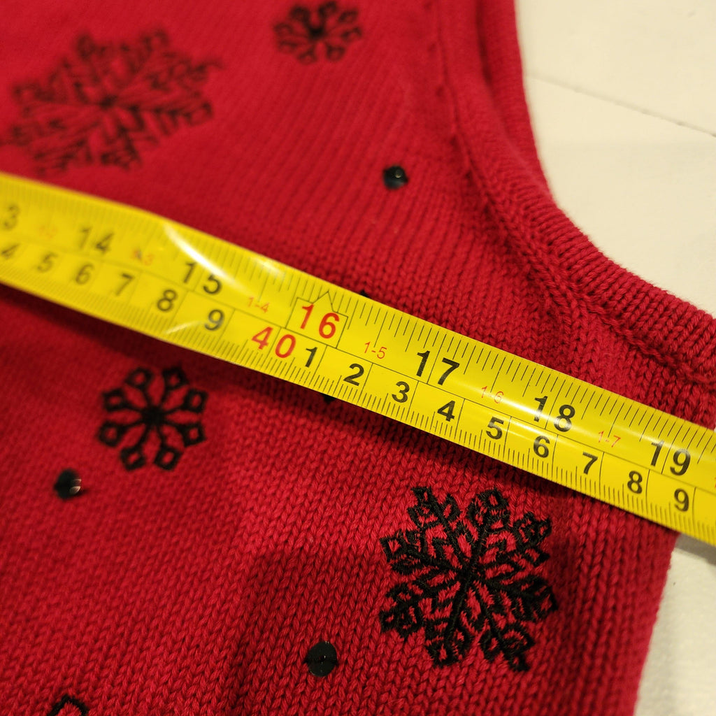 Vintage 90's Embellished Cotton Red Sweater Vest Sz Medium w/ Snowflake Pattern