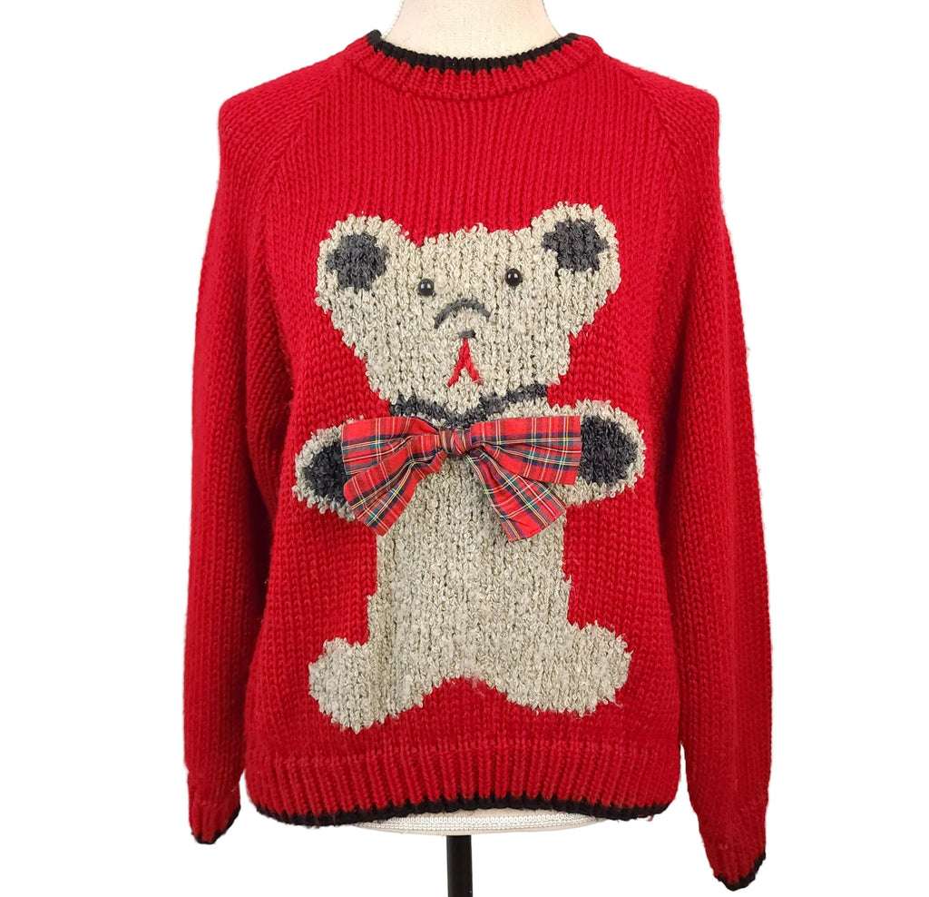 Vintage 90's 3D Handknit Sz Large Red Sweater w/ Teddy Bear Design