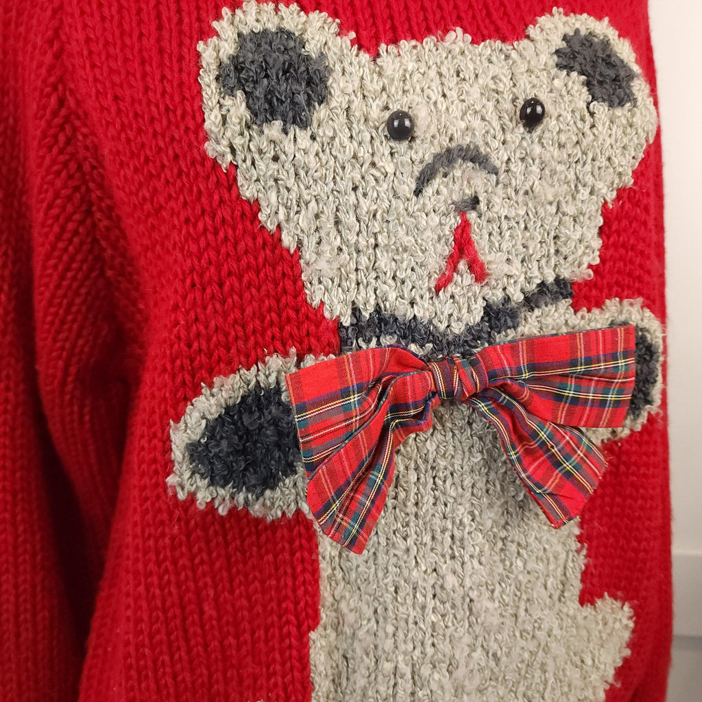 Vintage 90's 3D Handknit Sz Large Red Sweater w/ Teddy Bear Design