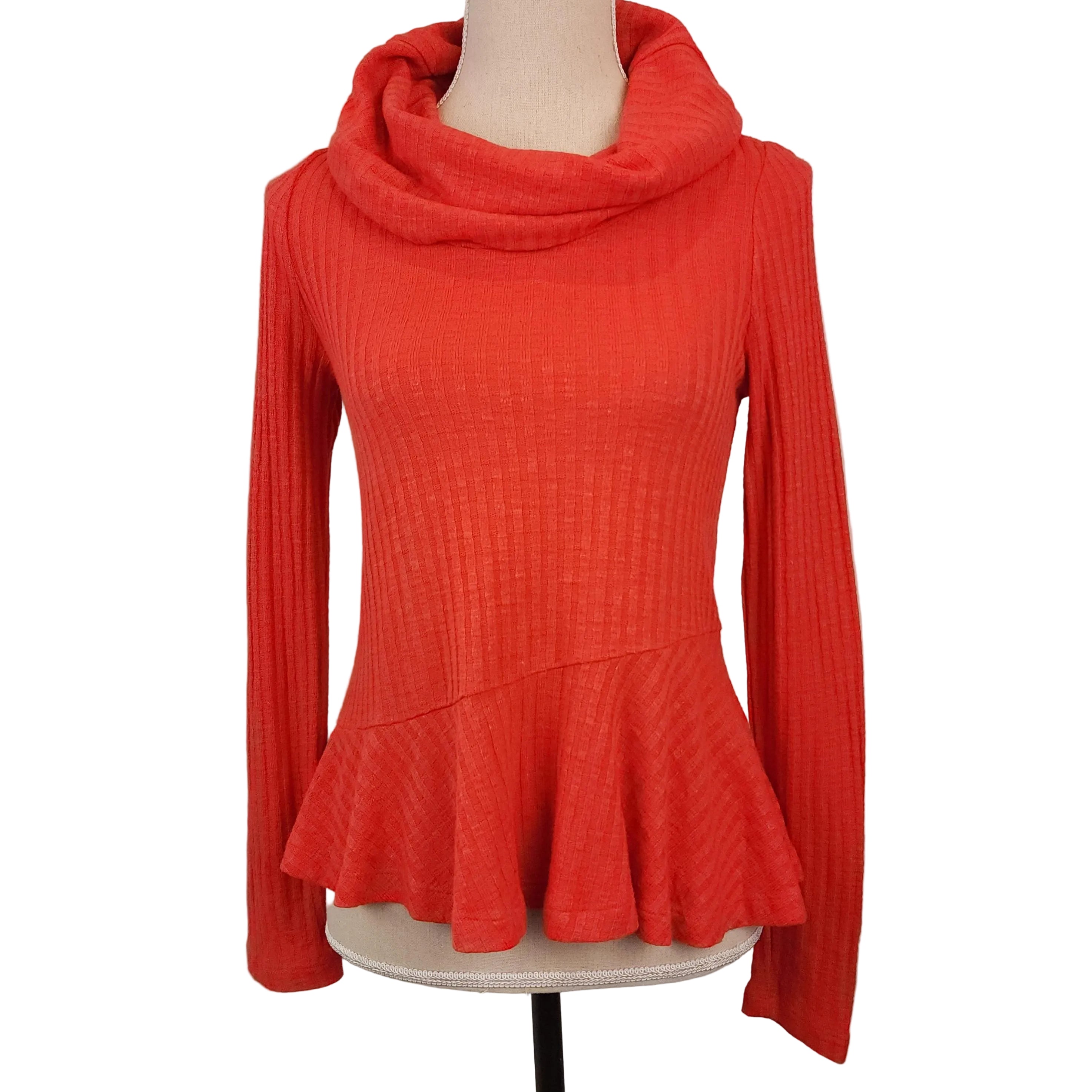 ANTHROPOLOGIE Orange XS Peplum Ribbed Cowl Neck Sweater