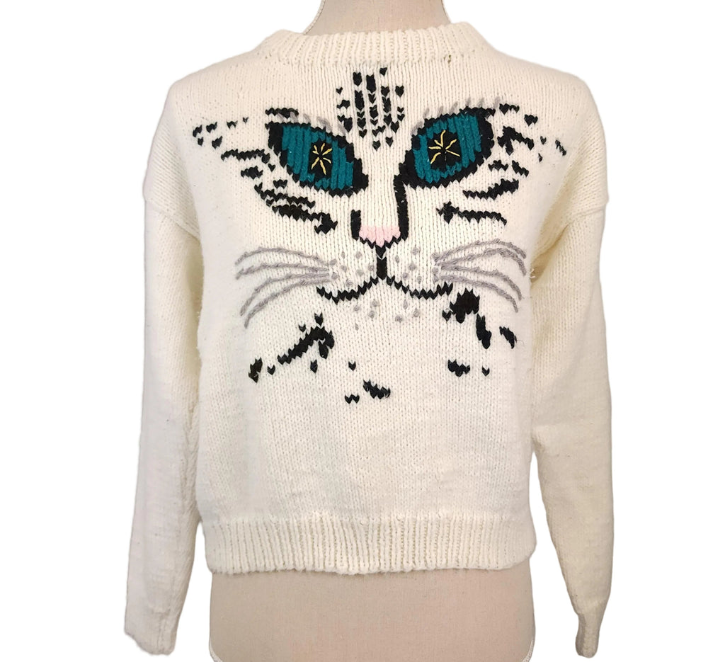 Vintage Ivory Hand Knit Sz Medium Cat Whiskers Sweater