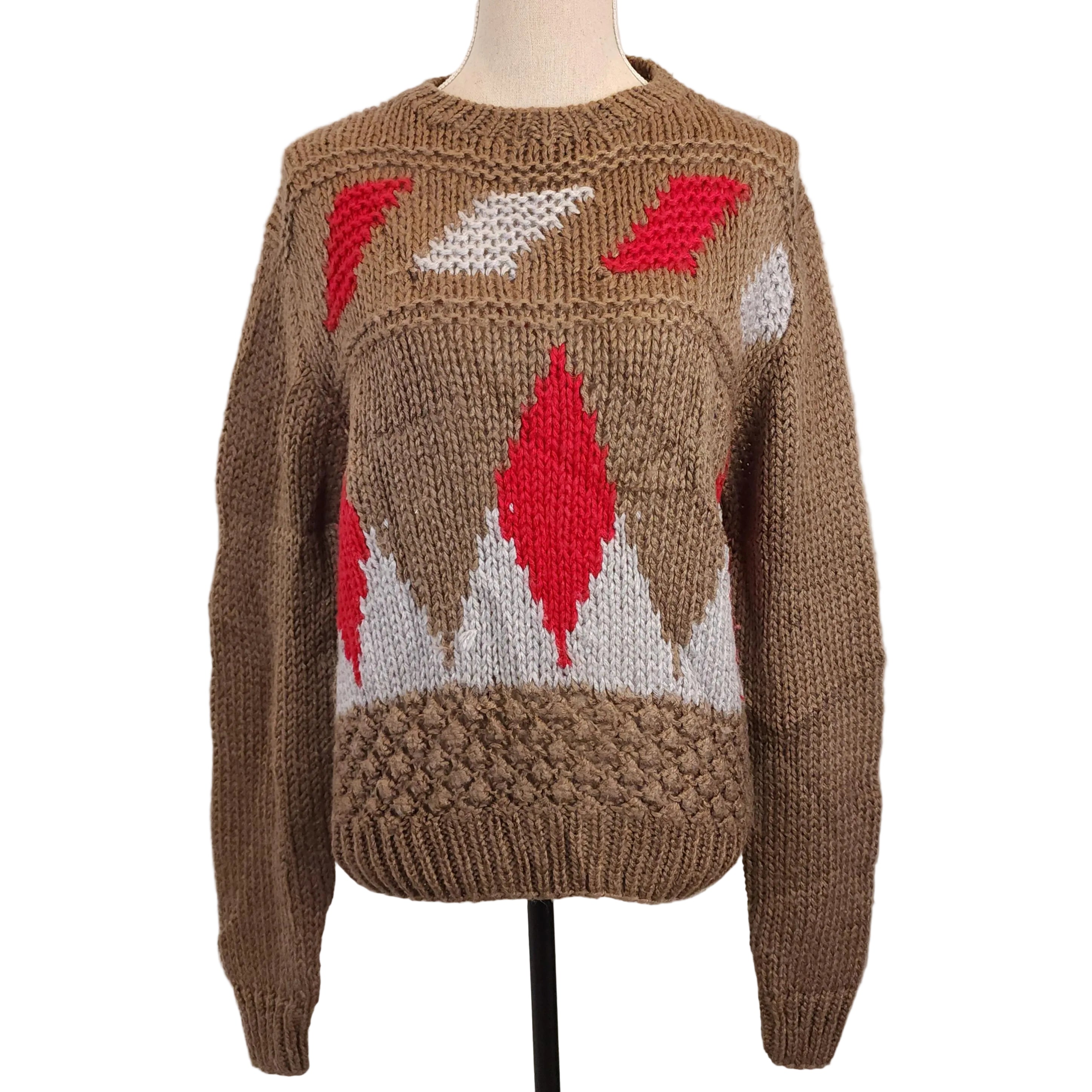 Vintage Hand Knit Sweater Sz Large w/ Red & Gray Geometric Patterns