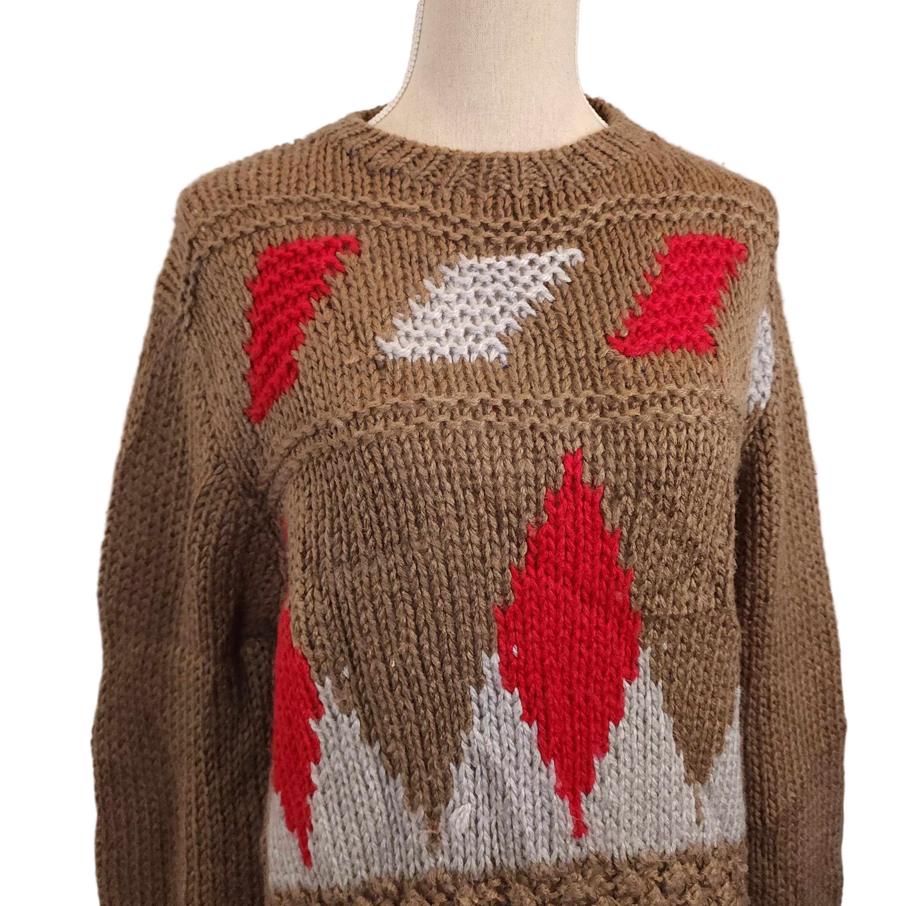 Vintage Hand Knit Sweater Sz Large w/ Red & Gray Geometric Patterns