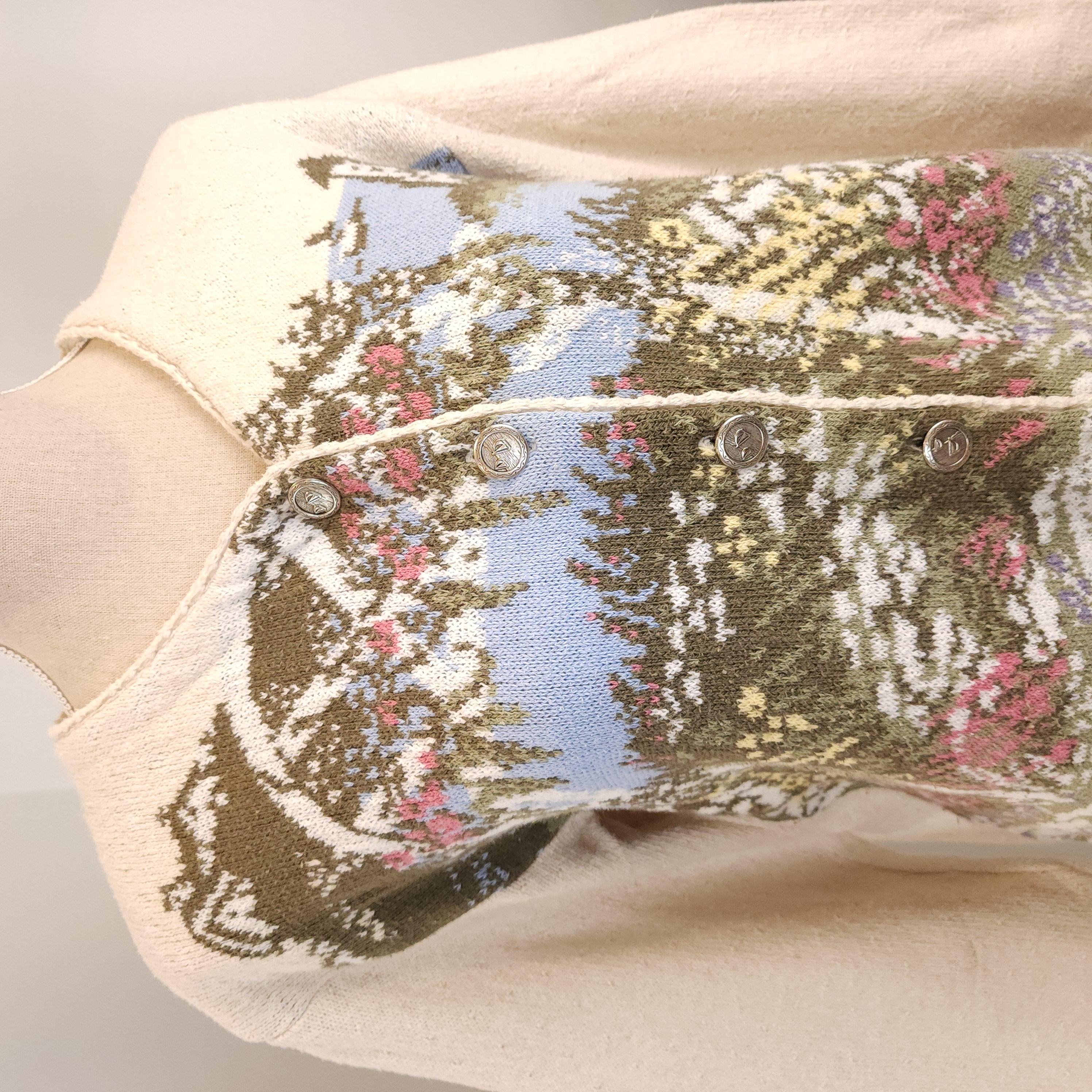 Vintage Seascape Sz Medium  Buttoned Cardigan Cotton Beige