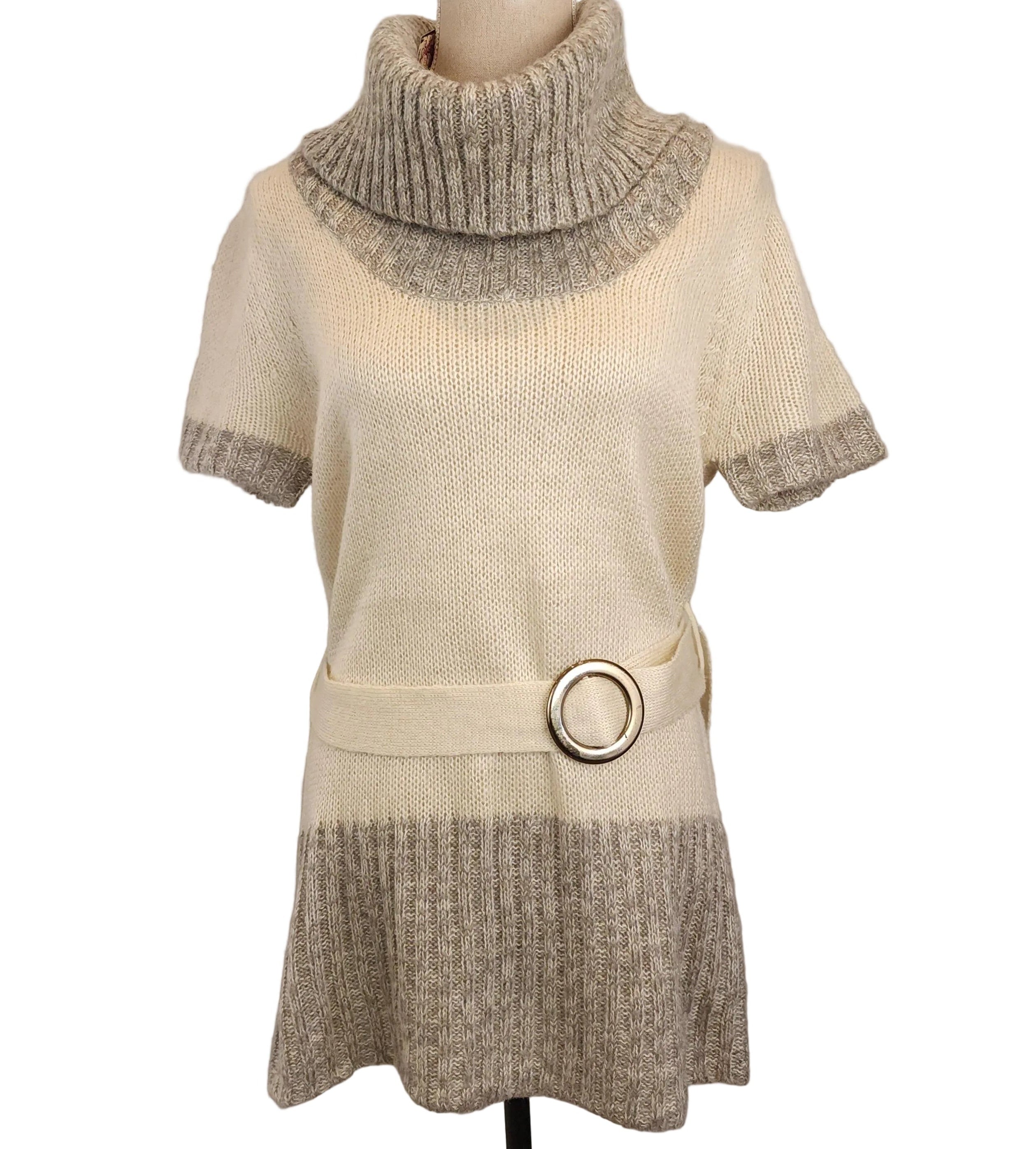 EX-GF Y2K Belted Gray & White Knit Sweater Sz Large w/ Thick Turtleneck New With Tags