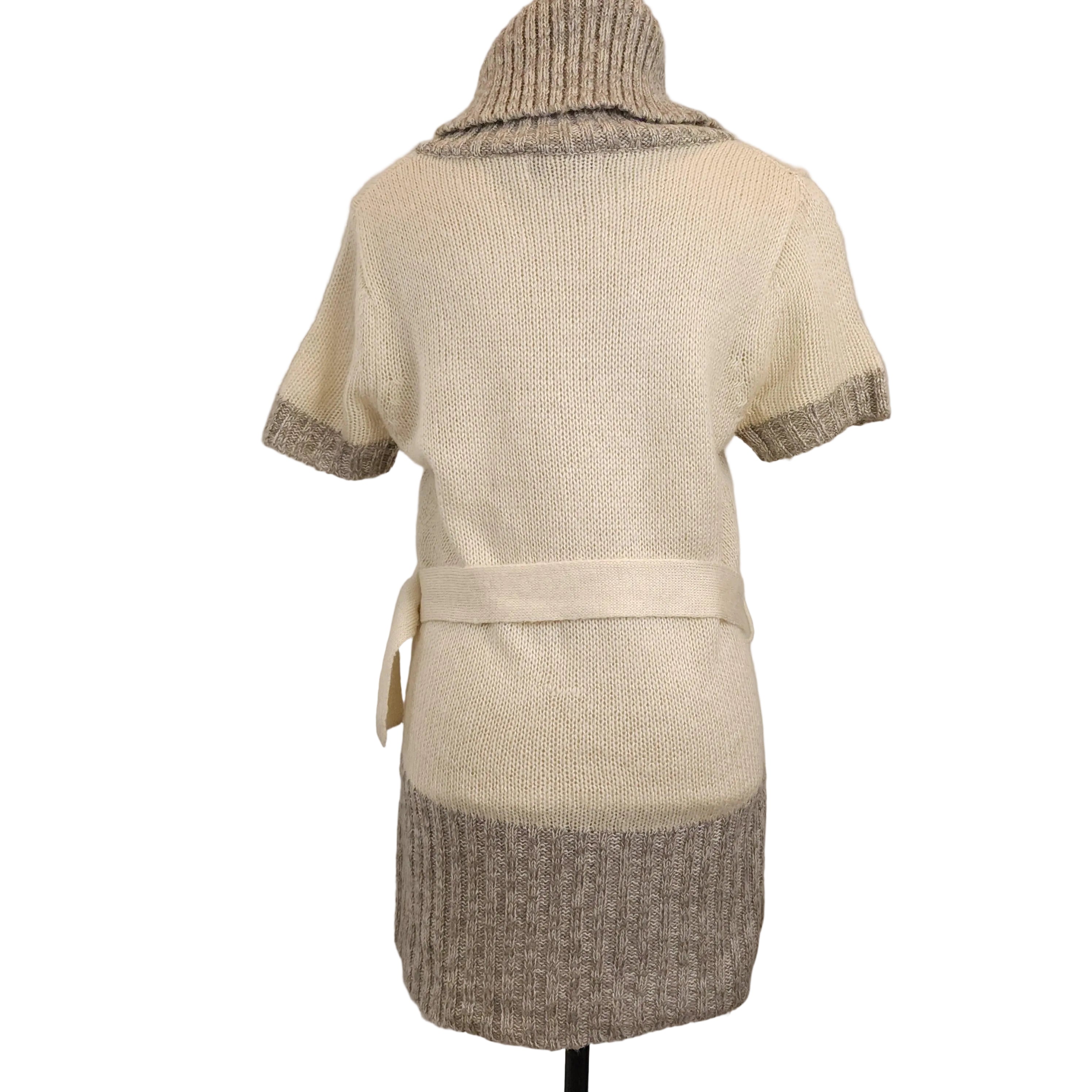 EX-GF Y2K Belted Gray & White Knit Sweater Sz Large w/ Thick Turtleneck New With Tags