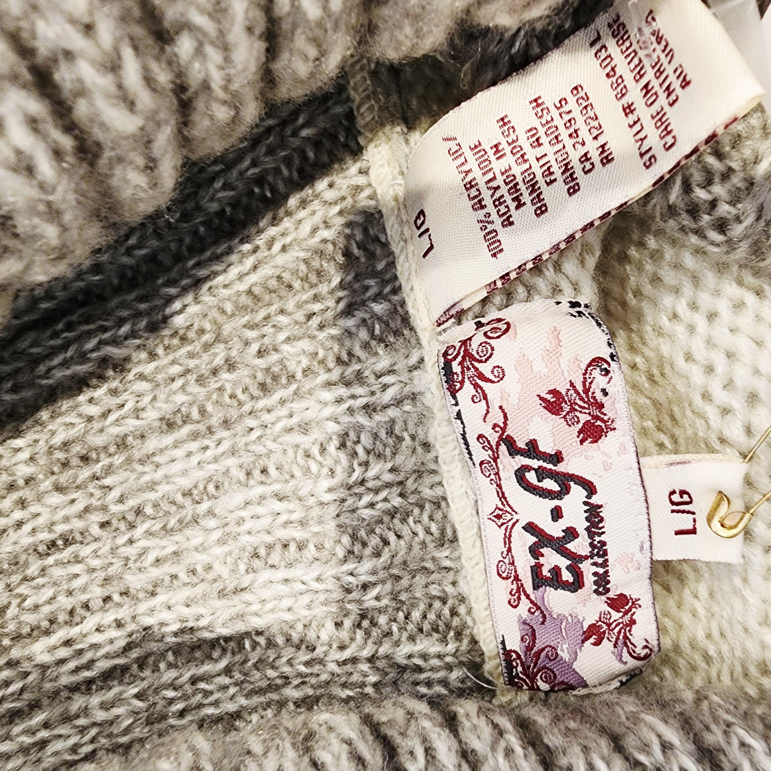 EX-GF Y2K Belted Gray & White Knit Sweater Sz Large w/ Thick Turtleneck New With Tags