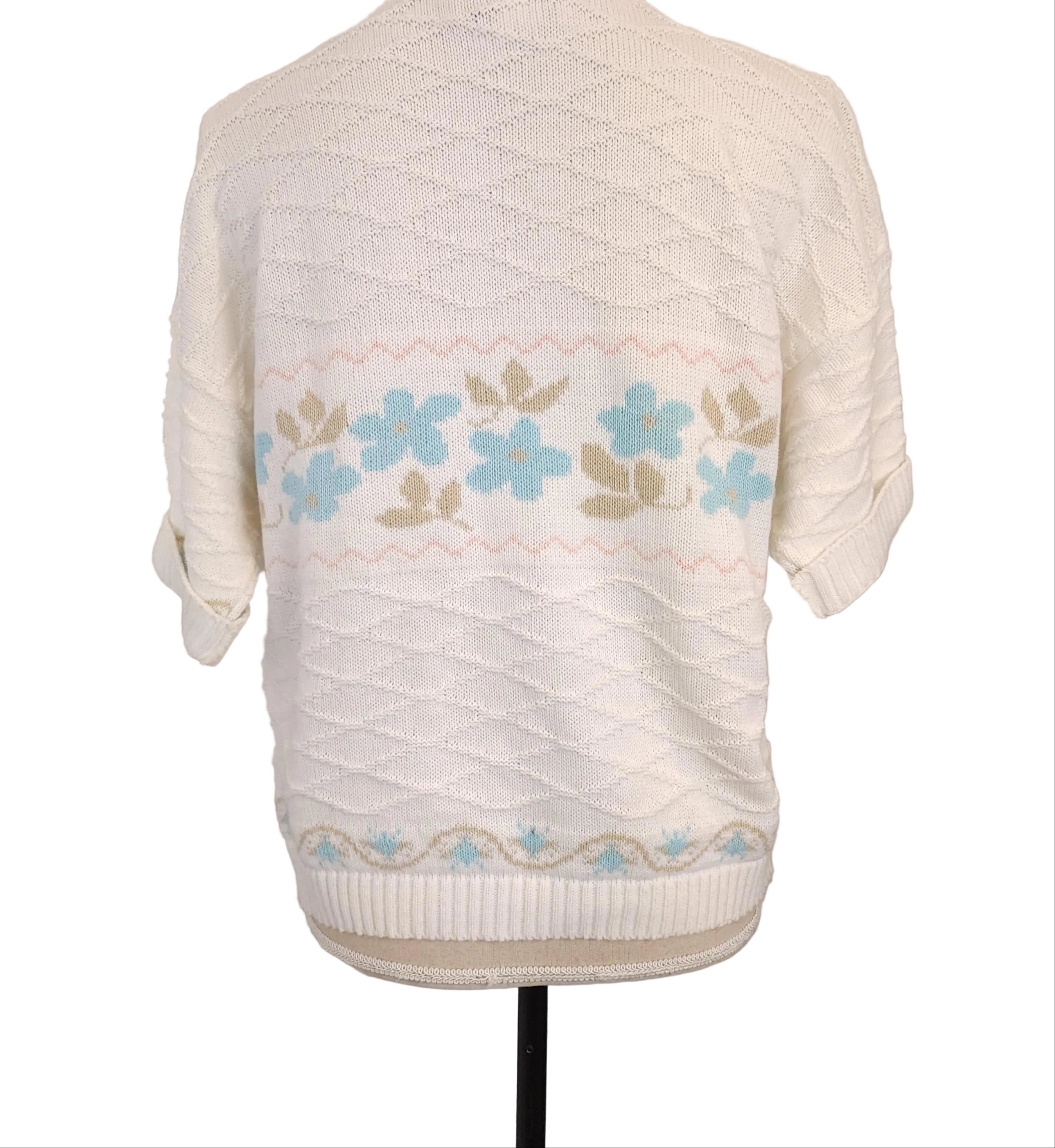 Vintage Fire Islander Cute Scalloped Detail Sz Medium Floral Print Short Sleeved Knit Sweater