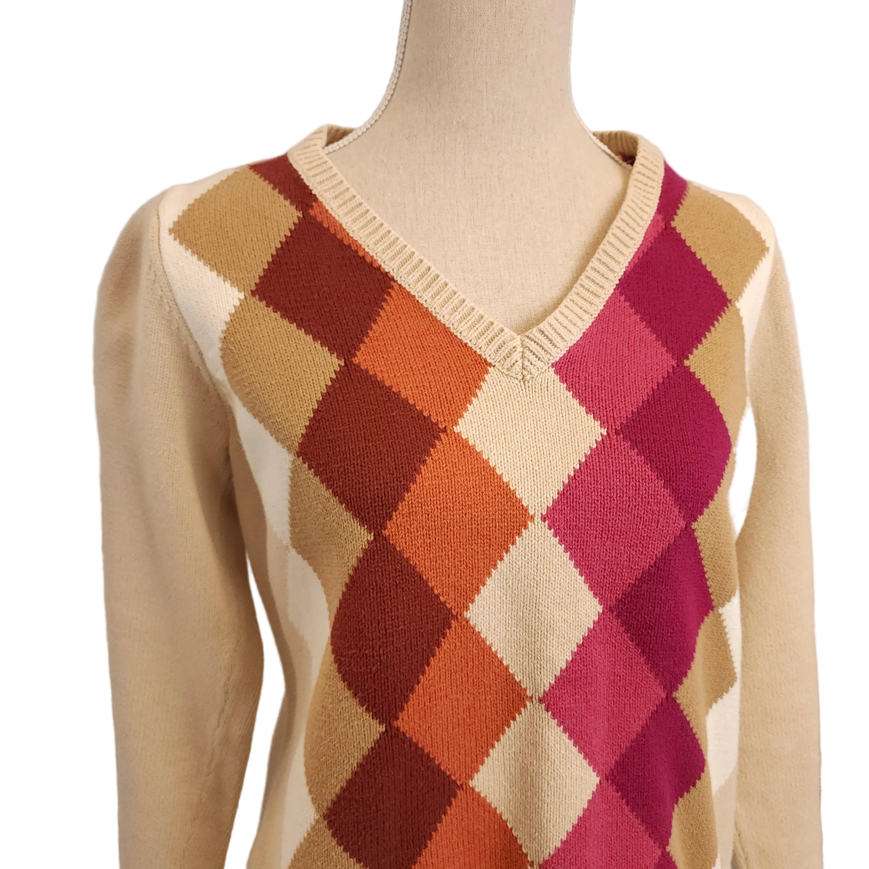 LIZ CLAIBORNE Cotton Argyle Print V-Neck Sz Large Beige Knit Sweater Vintage