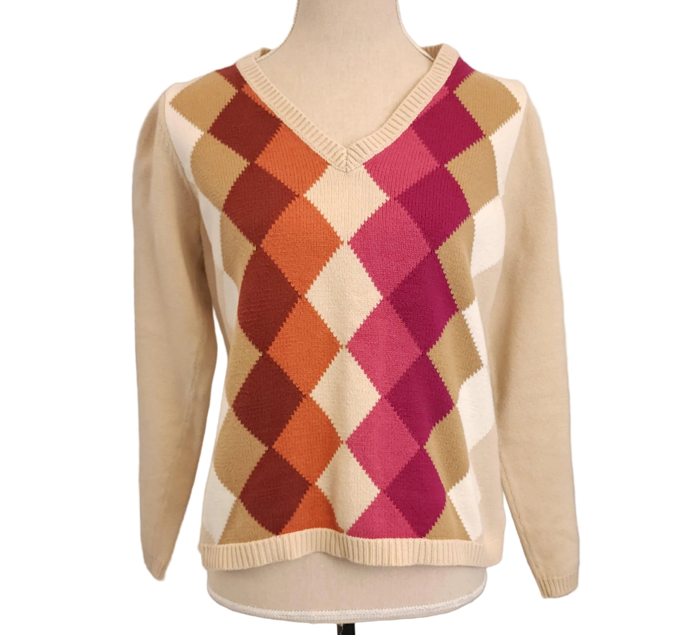 LIZ CLAIBORNE Cotton Argyle Print V-Neck Sz Large Beige Knit Sweater Vintage