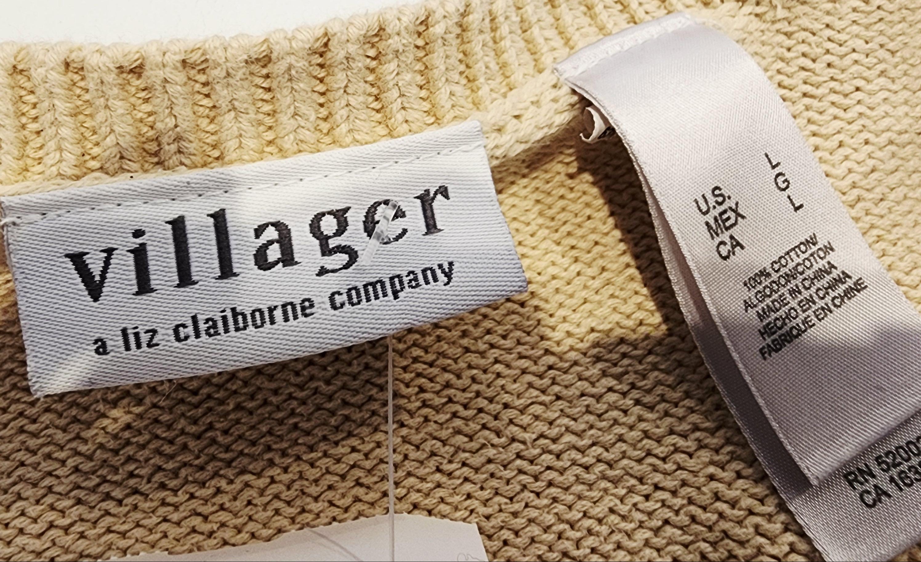 LIZ CLAIBORNE Cotton Argyle Print V-Neck Sz Large Beige Knit Sweater Vintage