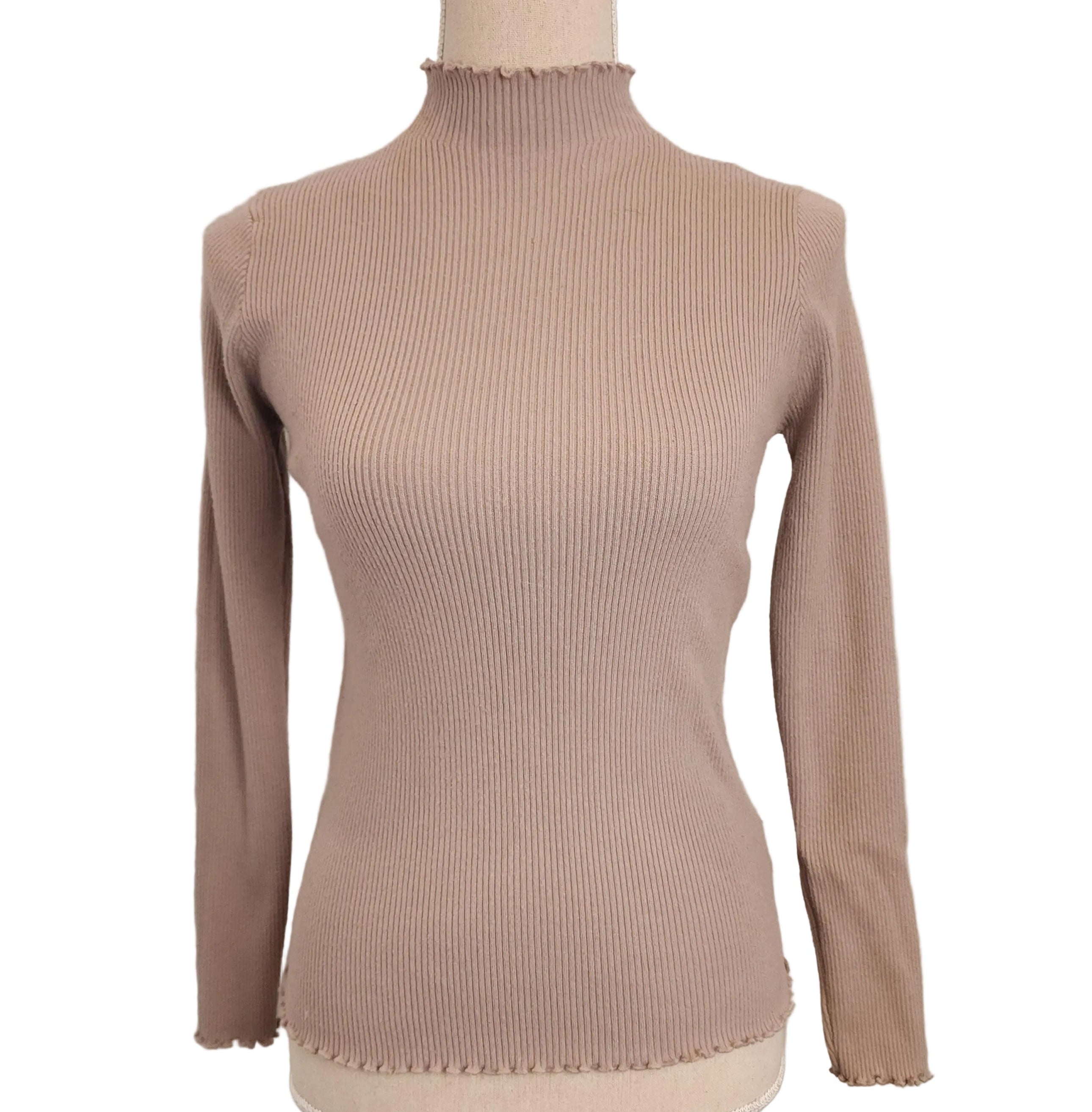 PINK MARTINI Light Brown Ribbed Turtleneck Sz Large Fitted Sweater
