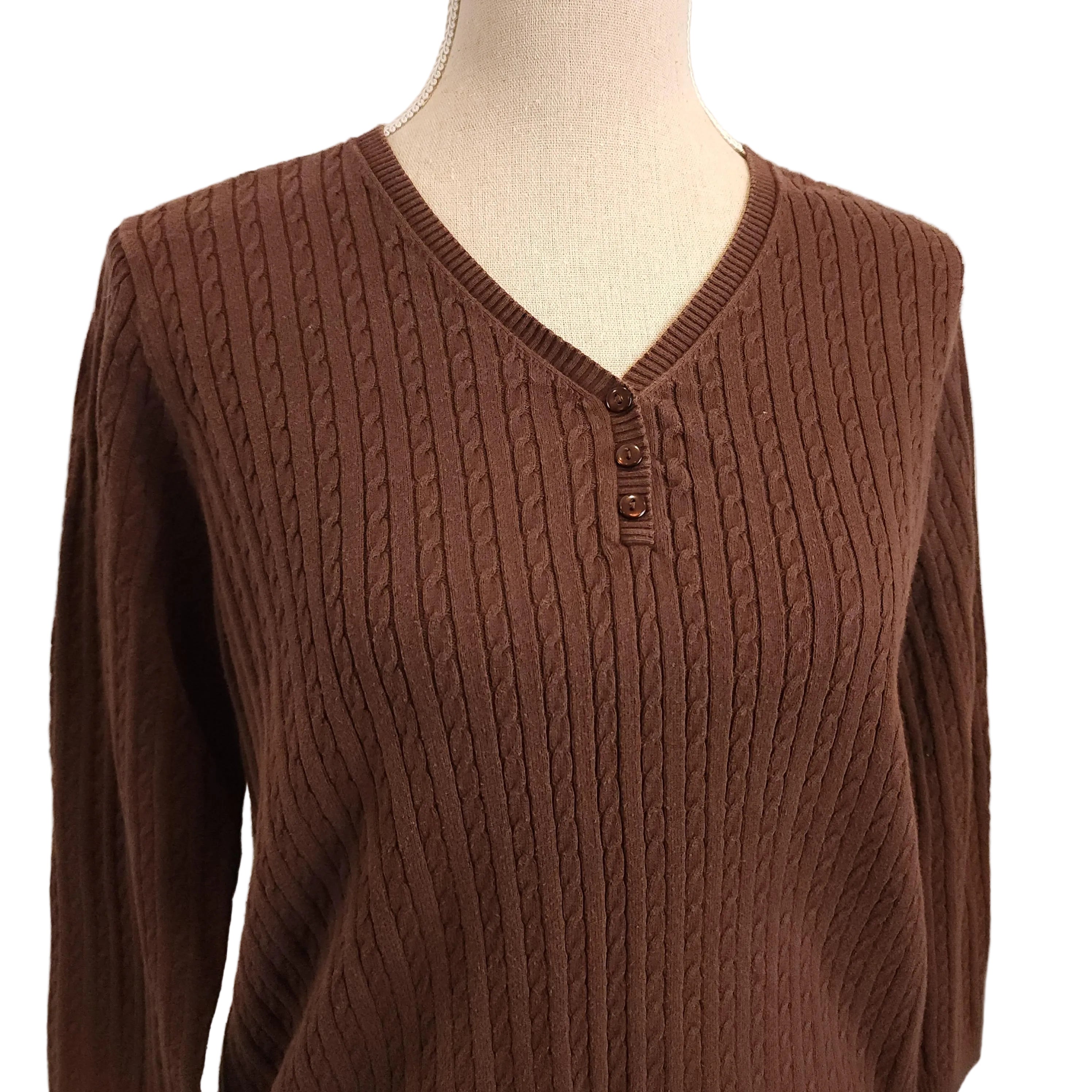 CROFT & BARROW Cotton Ribbed V-Neck Sweater Sz Large Chocolate Brown Sweater