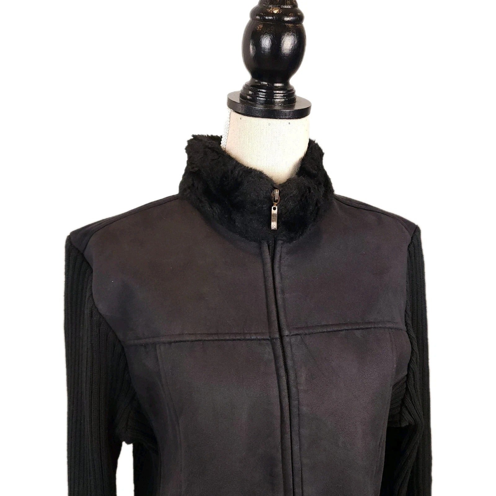 Faux Fur & Leather Ebony Black Full Zip Sweater XL