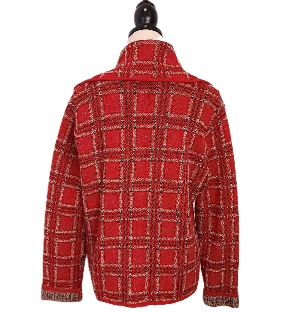 Tweed Wide Lapel Red & Gold Plaid Sz L Blazer Strech Unstructured Unlined