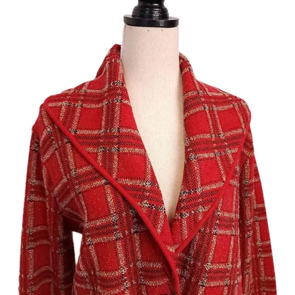 Tweed Wide Lapel Red & Gold Plaid Sz L Blazer Strech Unstructured Unlined