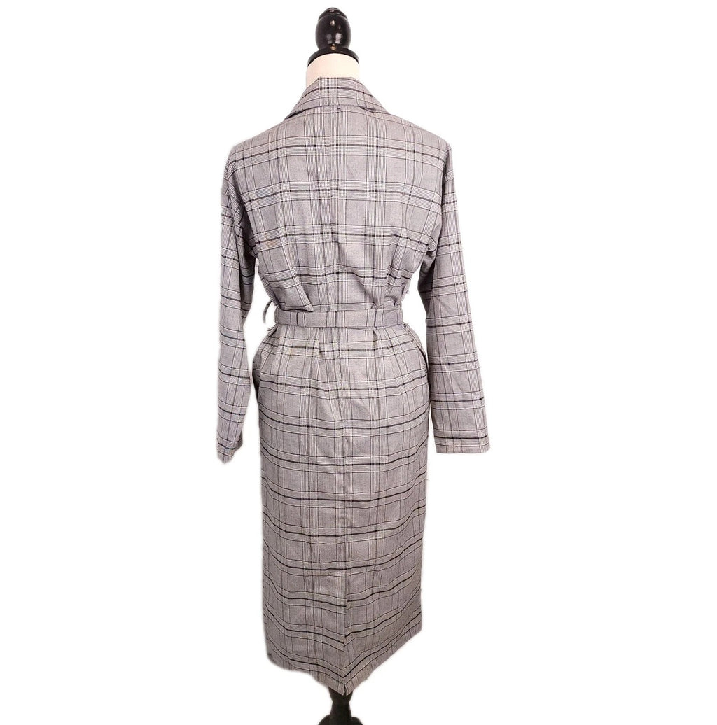 Forever 21 Black & Gray Checked Full-length Trench Coat Small