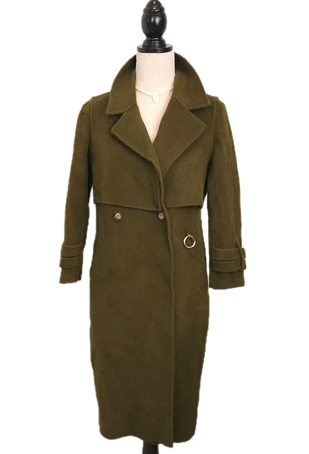 Army Green Sz S Wool Overcoat w/ Gold Hardware