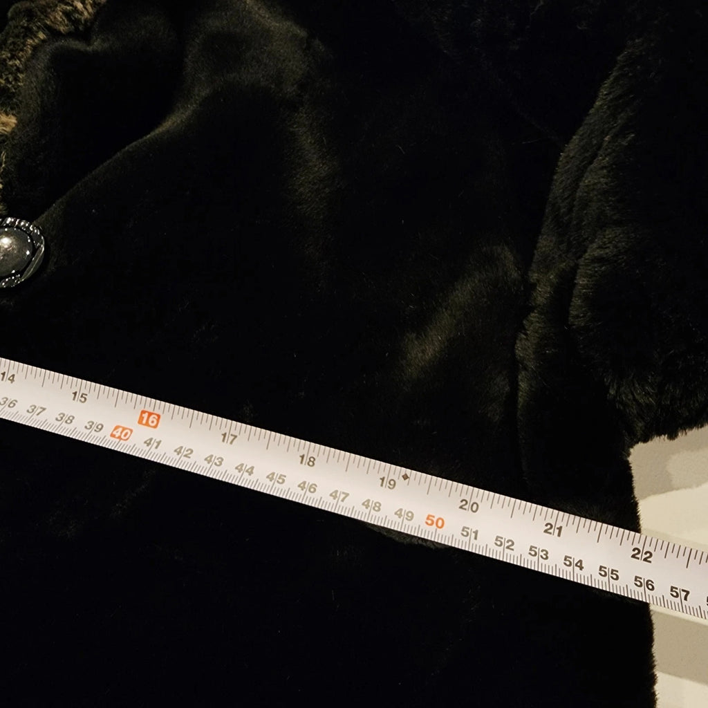 Novelti Luxurious Black Faux Fur Coat Animal Print Trim Sz M Knee Length VINTAGE
