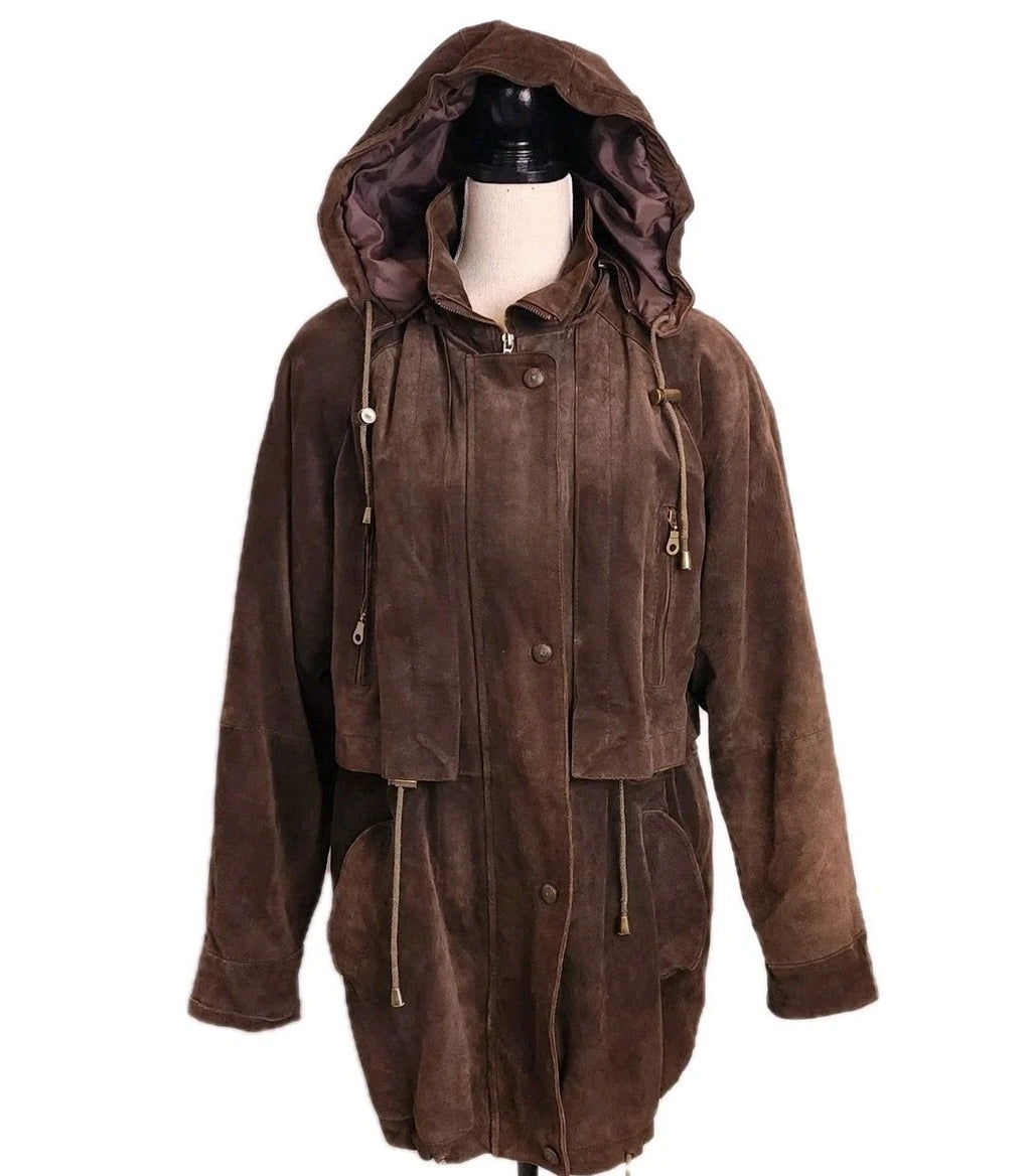 Vintage Genuine Leather Sz S Parka Jacket Mid-length Brown Hooded