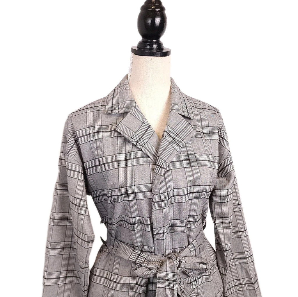Forever 21 Black & Gray Checked Full-length Trench Coat Small