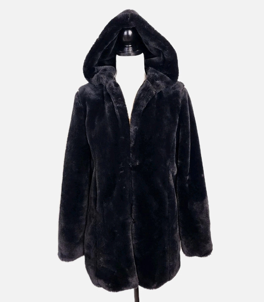 Suzy Shier Jet Black Luxe Short-Pile Faux Fur Coat Sz XS