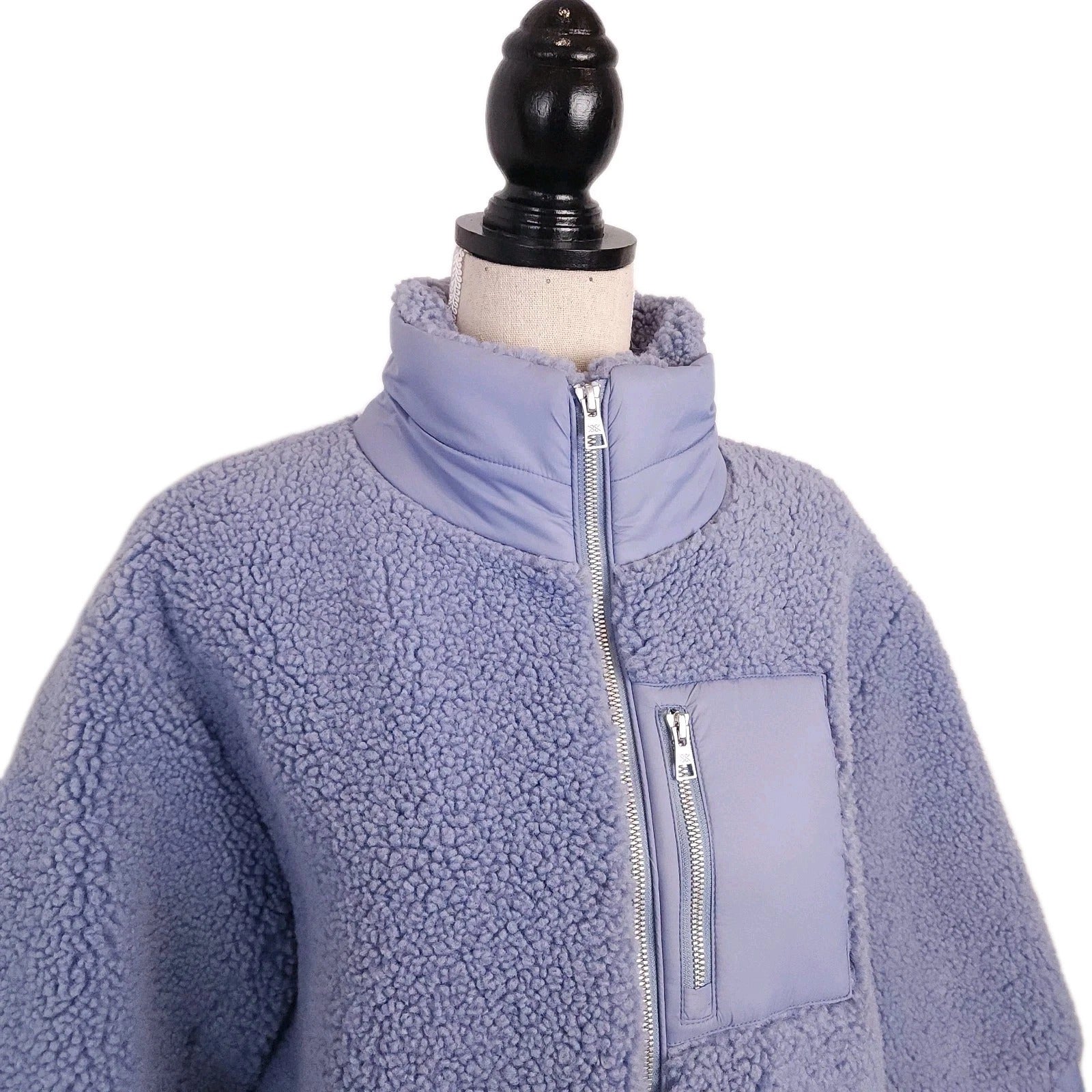 SOIA & KYO Faux Shearling Teddy Bomber Jacket Full Zip Sz M Lavender Blue