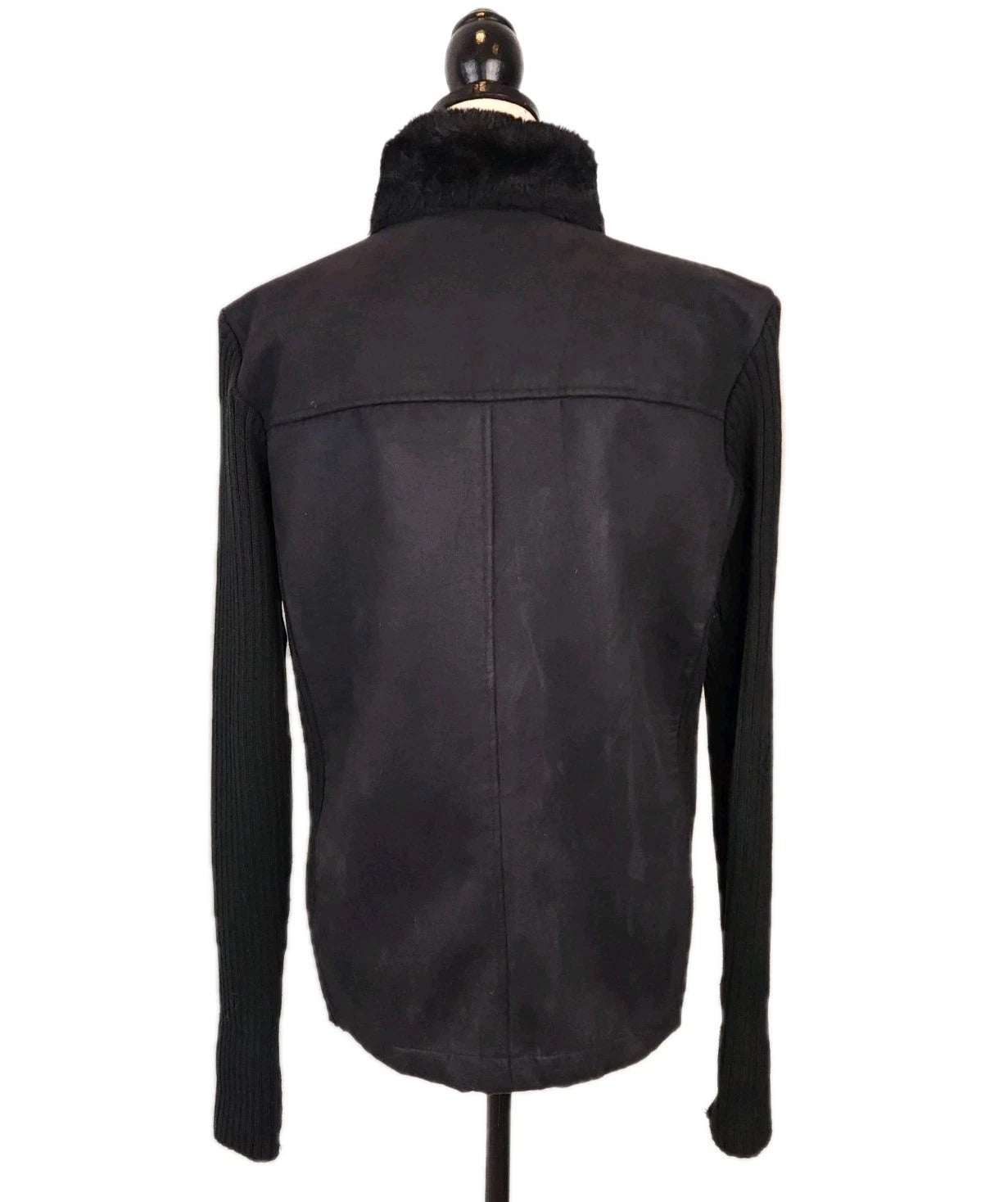 Faux Fur & Leather Ebony Black Full Zip Sweater XL