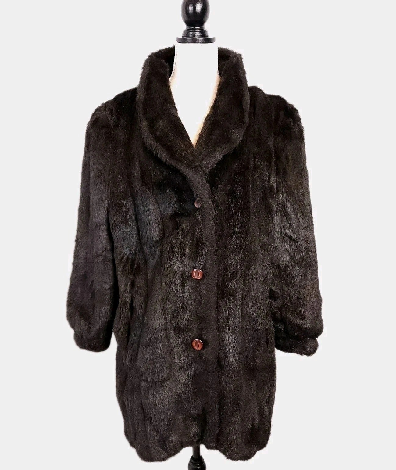 Vintage Faux Fur XL Short-Pile Dark Brown Buttoned Overcoat