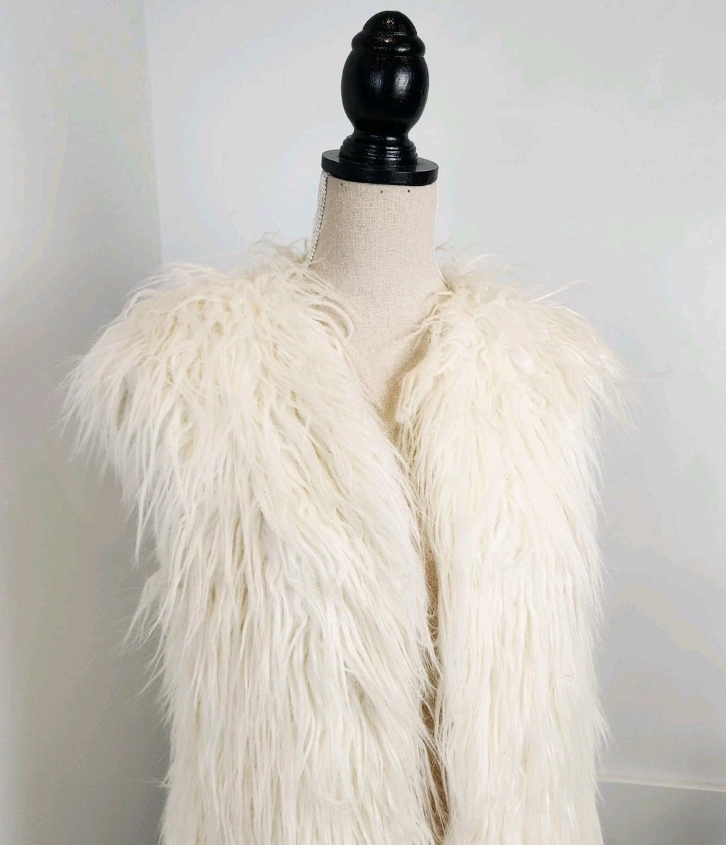 Zara Snowy White Shag Faux Fur Open Vest Sz M