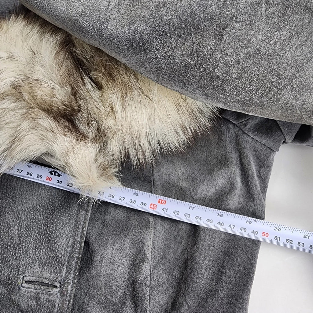 Rabbit Fur Collar Leather Trench Coat Sz Small Vintage
