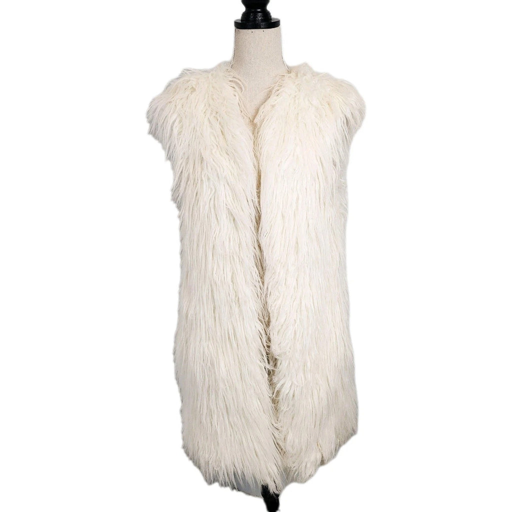 Zara Snowy White Shag Faux Fur Open Vest Sz M