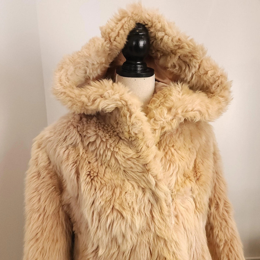 60's Vintage Hooded Plush Teddy Coat Golden Brown Faux Fur Coat Sz M
