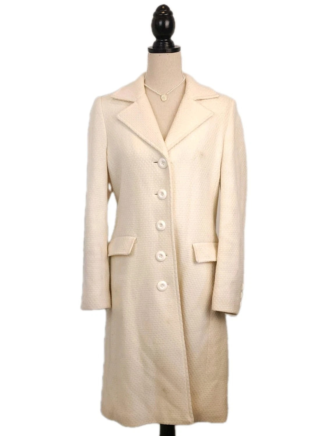 Reitmans Single-breast Buttoned Long Ivory Tweed Overcoat Sz Medium