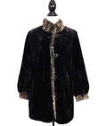 Novelti Luxurious Black Faux Fur Coat Animal Print Trim Sz M Knee Length VINTAGE