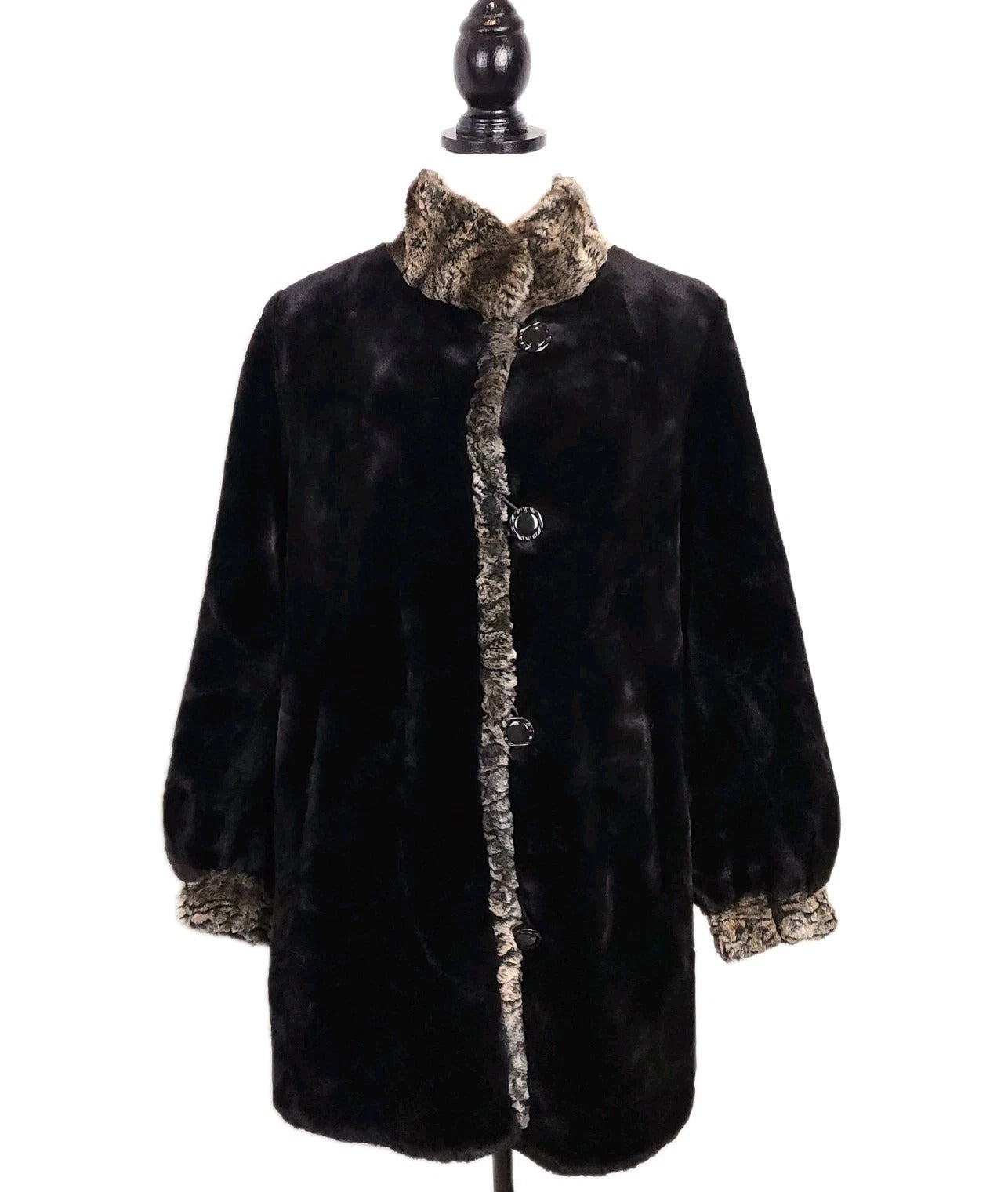 Novelti Luxurious Black Faux Fur Coat Animal Print Trim Sz M Knee Length VINTAGE