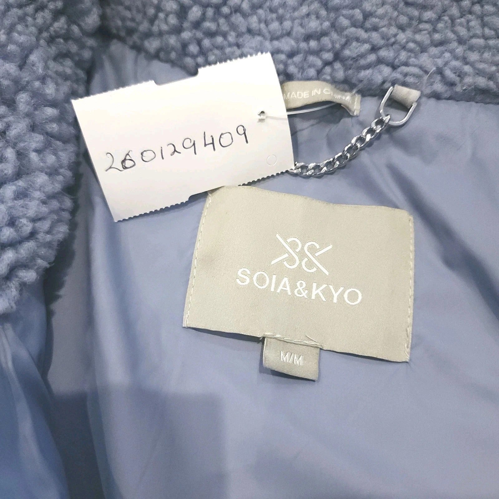 SOIA & KYO Faux Shearling Teddy Bomber Jacket Full Zip Sz M Lavender Blue