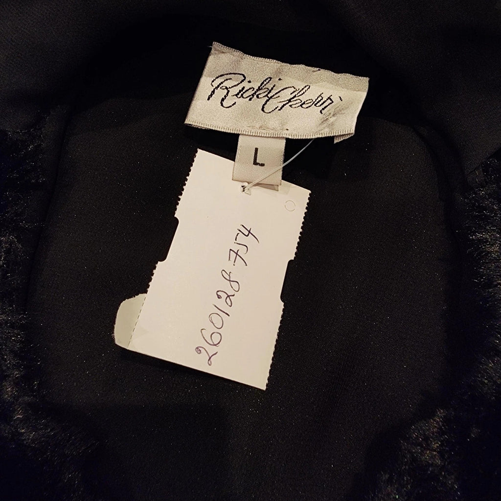 Ricki Cherry Sz L Ribbon Tie Stole Fine Faux Fur Jet Black MADE IN USA Vintage