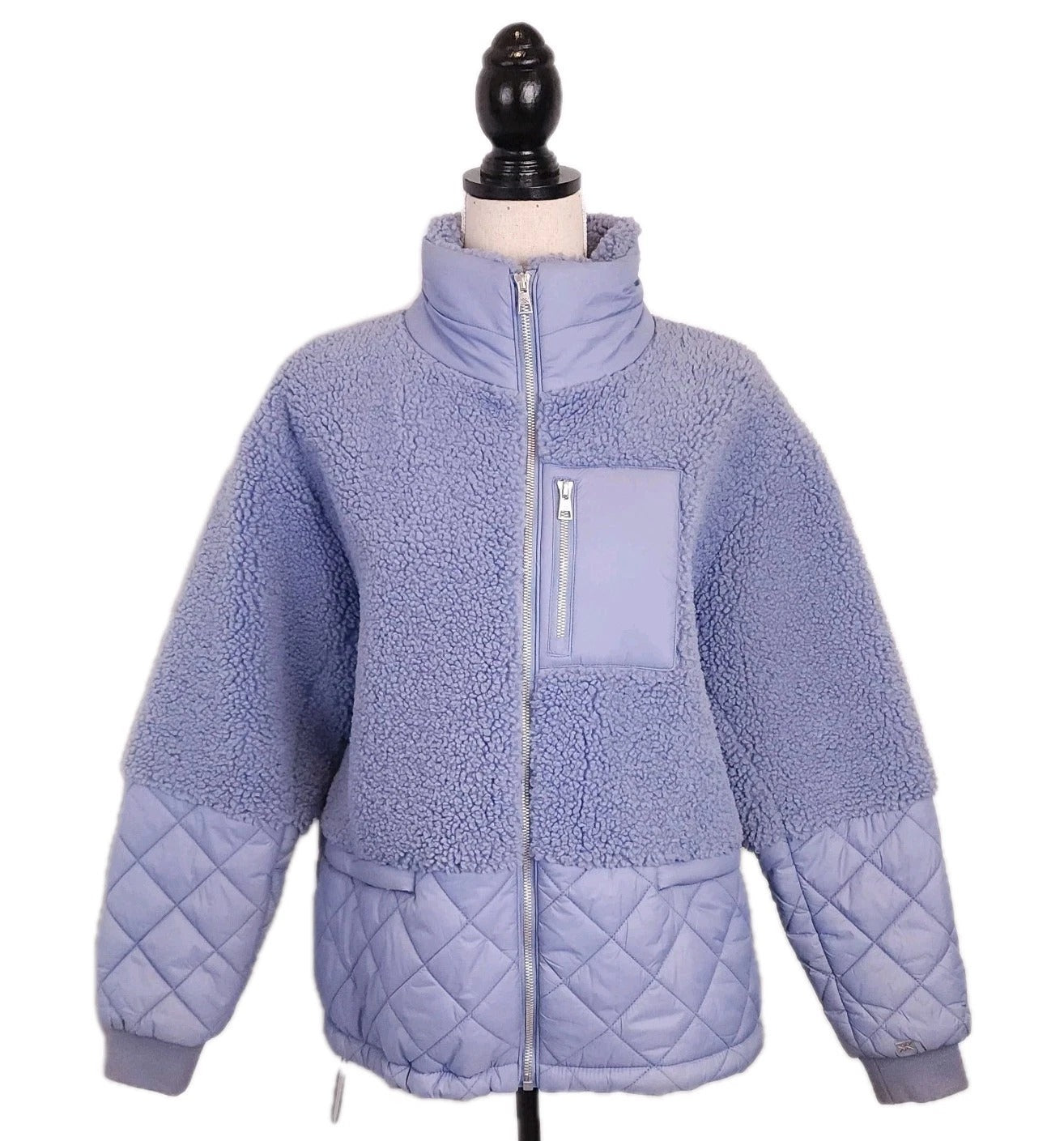 SOIA & KYO Faux Shearling Teddy Bomber Jacket Full Zip Sz M Lavender Blue