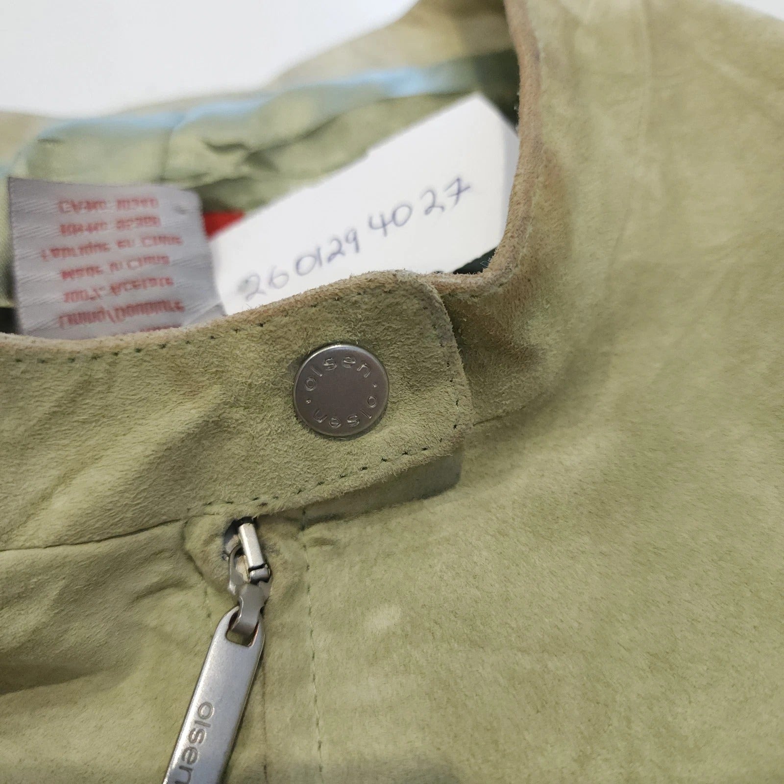 Olsen Cafe Racer Sz L Geniune Leather Biker Jacket Moss Green Full Zip
