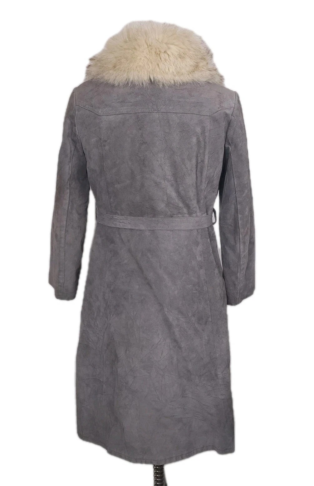Rabbit Fur Collar Leather Trench Coat Sz Small Vintage