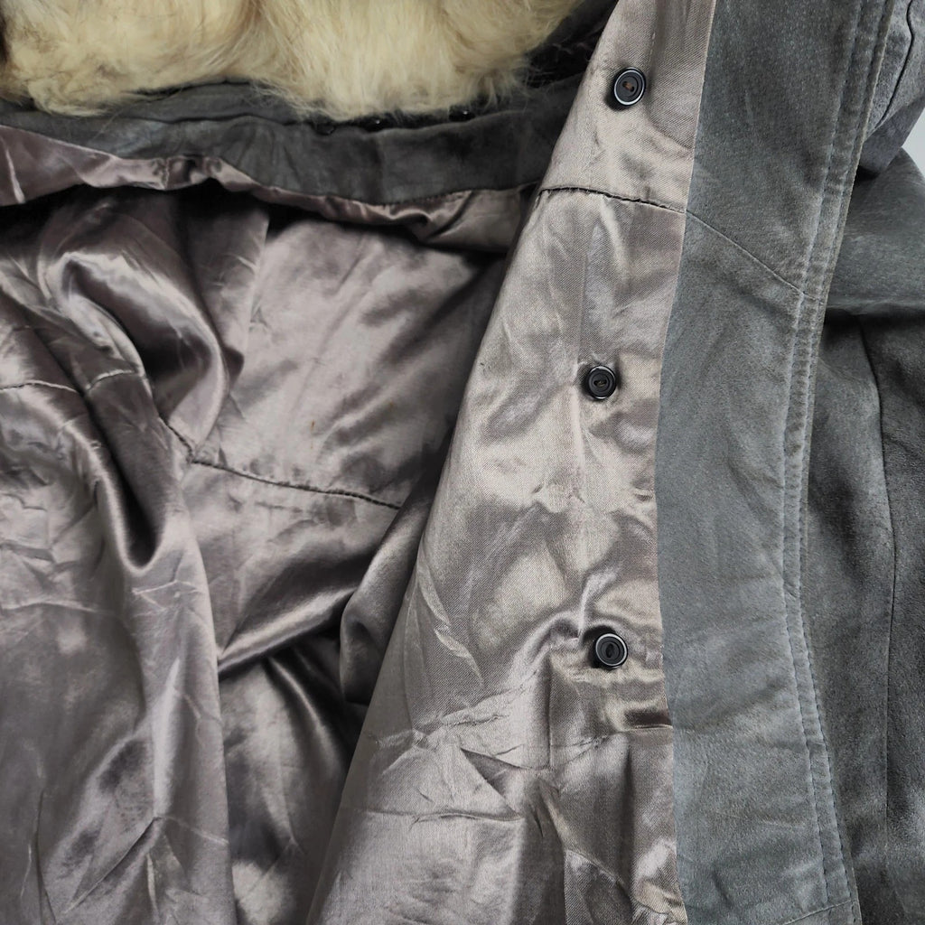 Rabbit Fur Collar Leather Trench Coat Sz Small Vintage