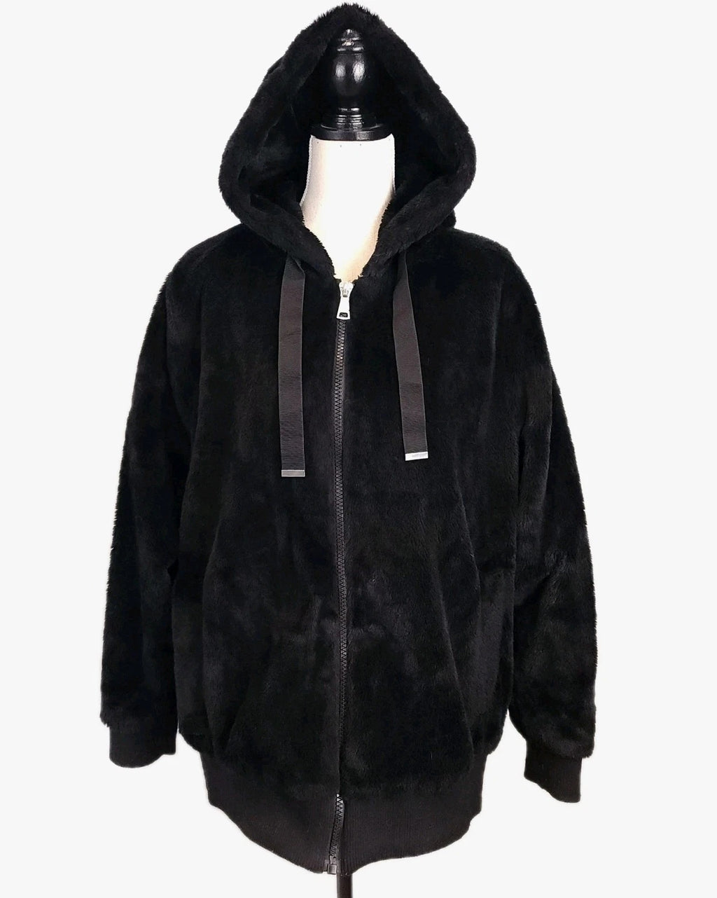 Faux Fur Hooded Jet Black Jacket XL