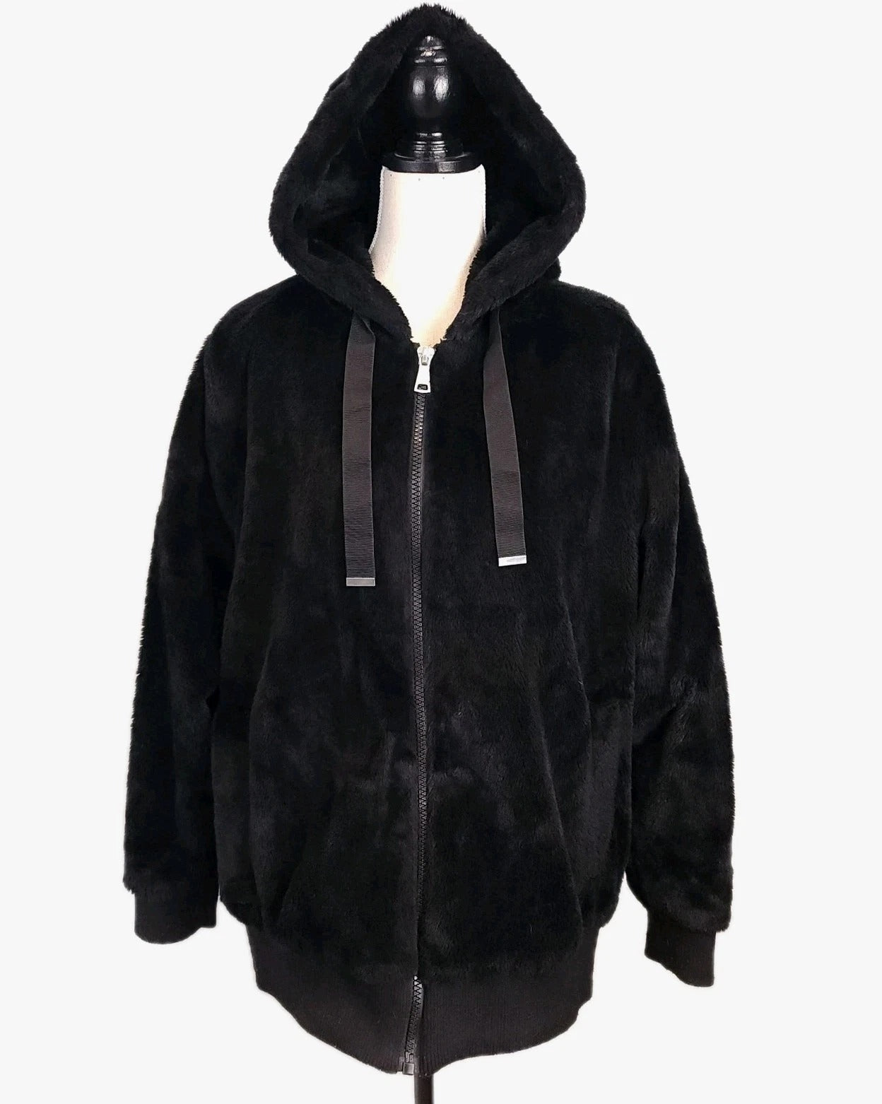 Faux Fur Hooded Jet Black Jacket XL